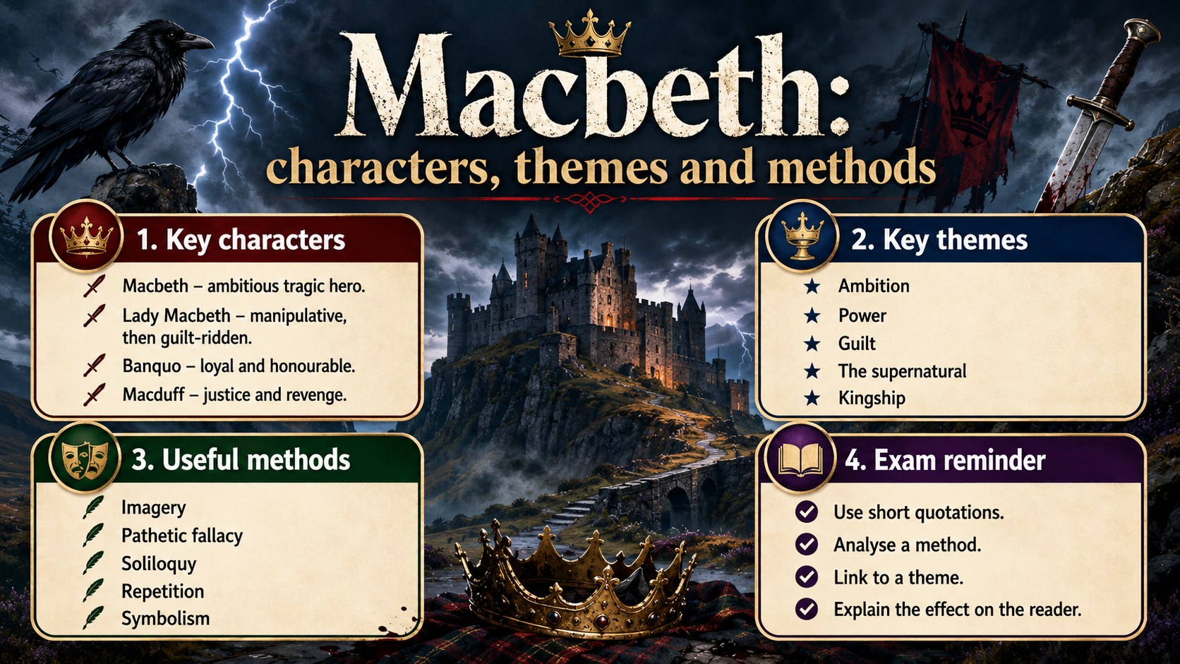 Infographic explaining Macbeth characters, themes and methods, including ambition, guilt, power, imagery and dramatic technique.