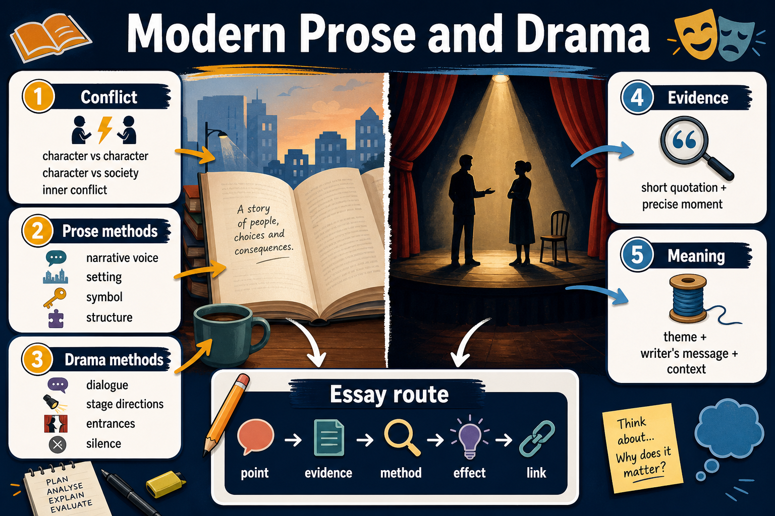 Infographic explaining modern prose and drama analysis, including conflict, prose methods, drama methods, evidence, meaning and an essay route.