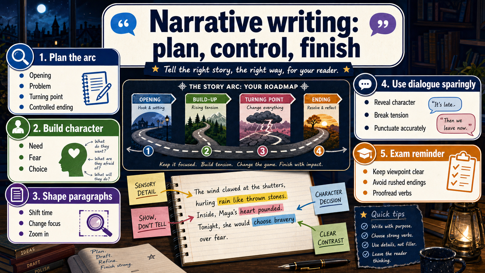 Infographic showing how to plan a GCSE narrative with an opening, problem, turning point, controlled ending, character choice, paragraph shifts and careful dialogue.