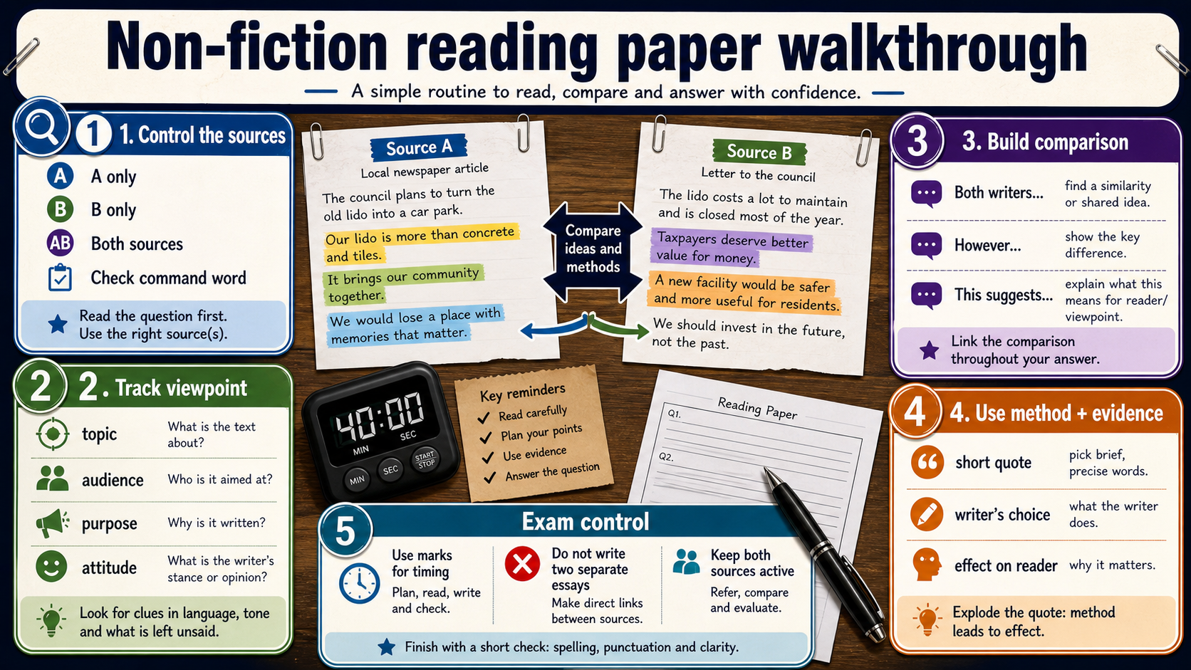 Infographic showing a GCSE non-fiction reading paper routine, including source control, viewpoint, purpose, comparison, evidence and timing.