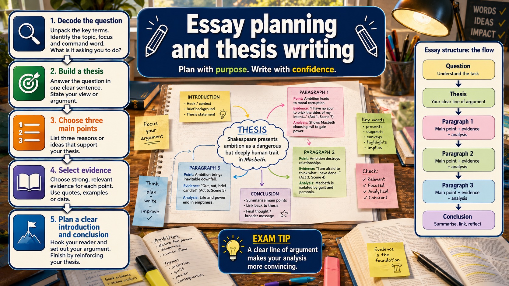 Infographic explaining essay planning and thesis writing, including question decoding, main points, evidence selection, paragraph flow and conclusion.