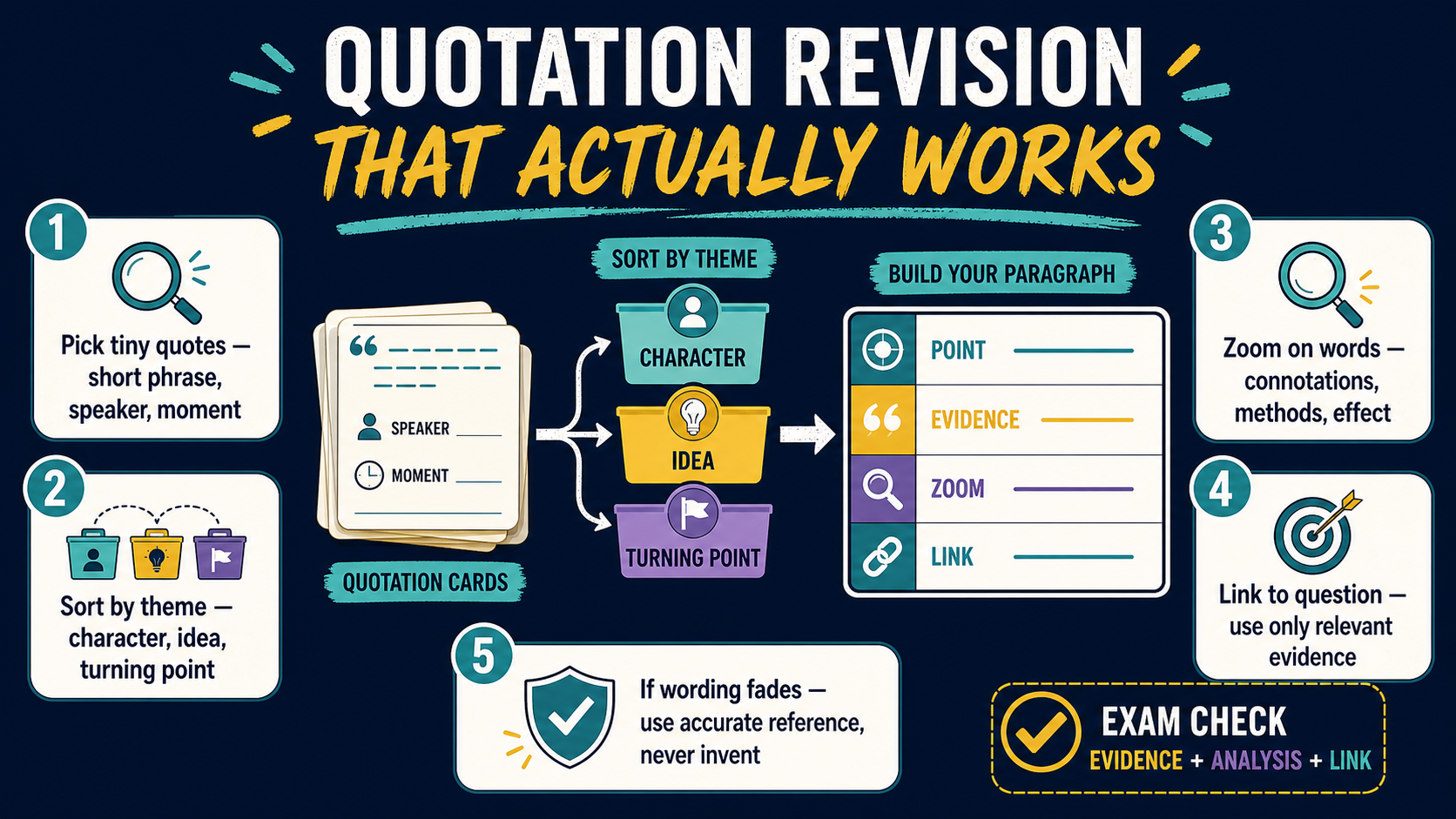 Infographic showing how to revise short quotations by theme, zoom on words, link evidence to the question and avoid inventing wording.