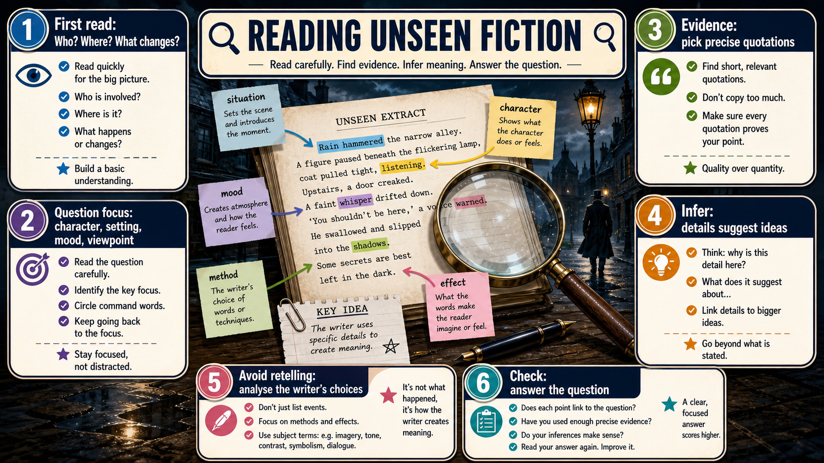 Infographic showing a GCSE unseen fiction reading routine with first read, question focus, evidence, inference, avoiding retelling and answer checks.