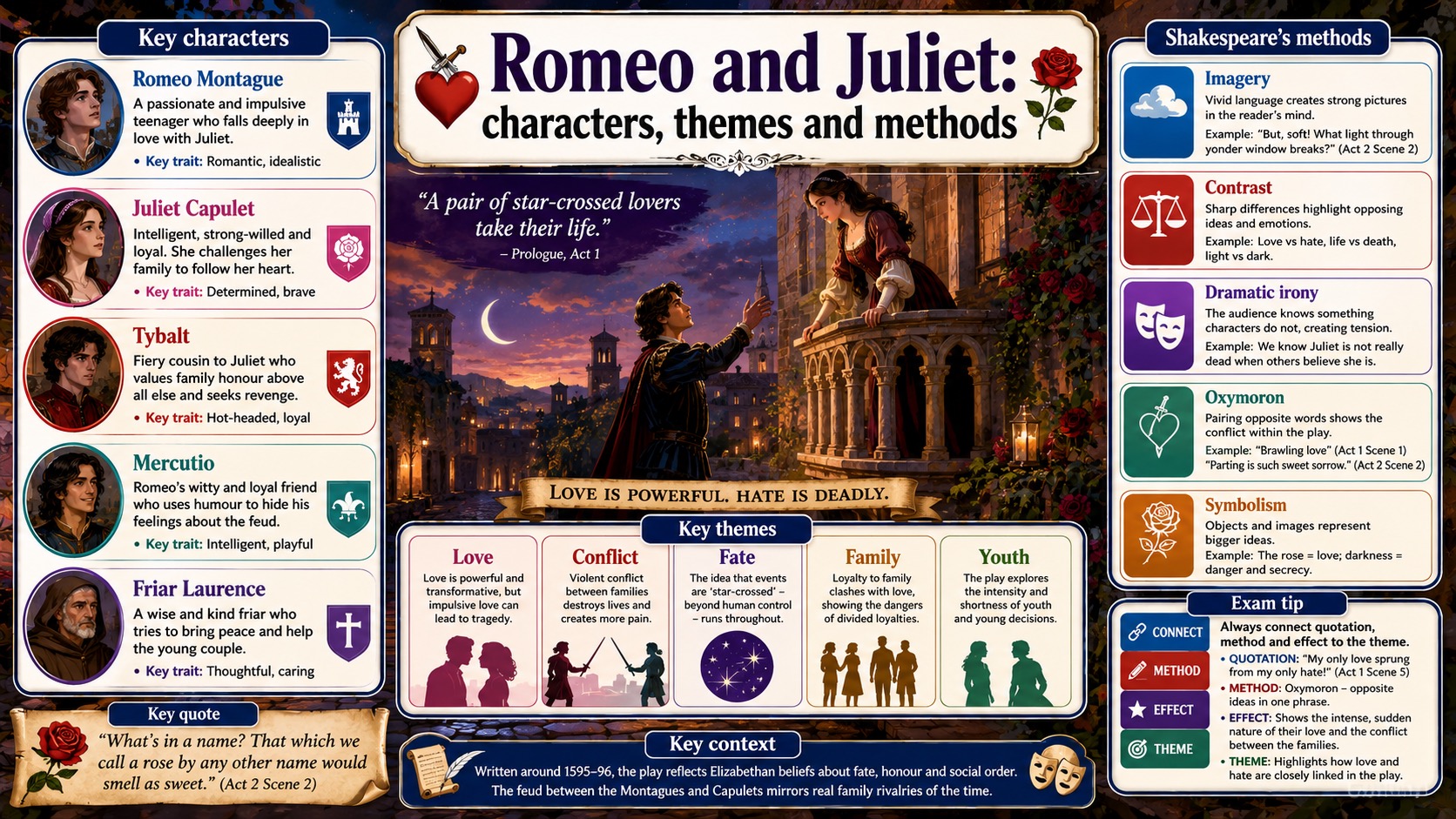 Infographic explaining Romeo and Juliet characters, themes and methods, including love, conflict, fate, family and Shakespearean techniques.