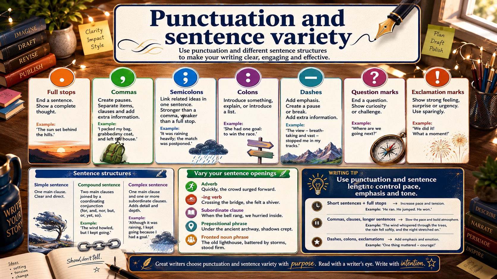 Infographic explaining punctuation and sentence variety, including full stops, commas, semicolons, colons, dashes and varied sentence openings.