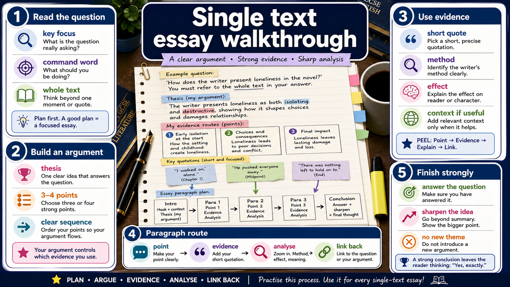 Infographic showing a GCSE English Literature single-text essay route from reading the question to building an argument, using evidence, analysing paragraphs and writing a strong conclusion.