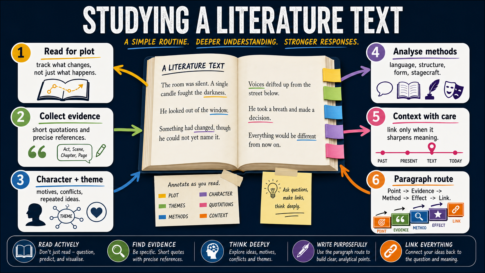 Infographic showing a GCSE literature study route from plot tracking to evidence, character and theme notes, method analysis, context and paragraph planning.