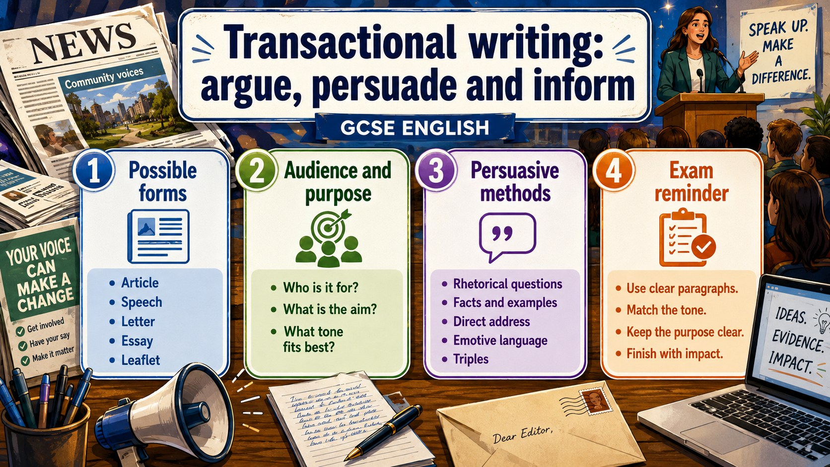 Infographic explaining transactional writing, including arguing, persuading, informing, audience, purpose, tone and form.