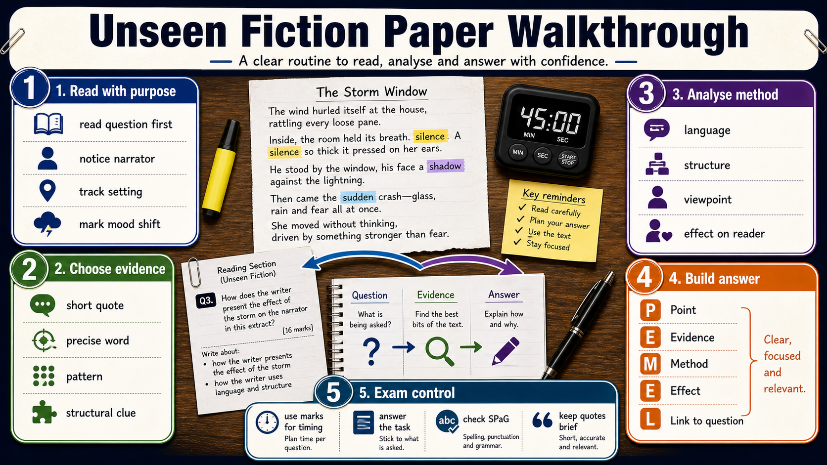 Infographic showing a GCSE unseen fiction paper routine, including purposeful reading, evidence selection, method analysis, answer structure and exam control.