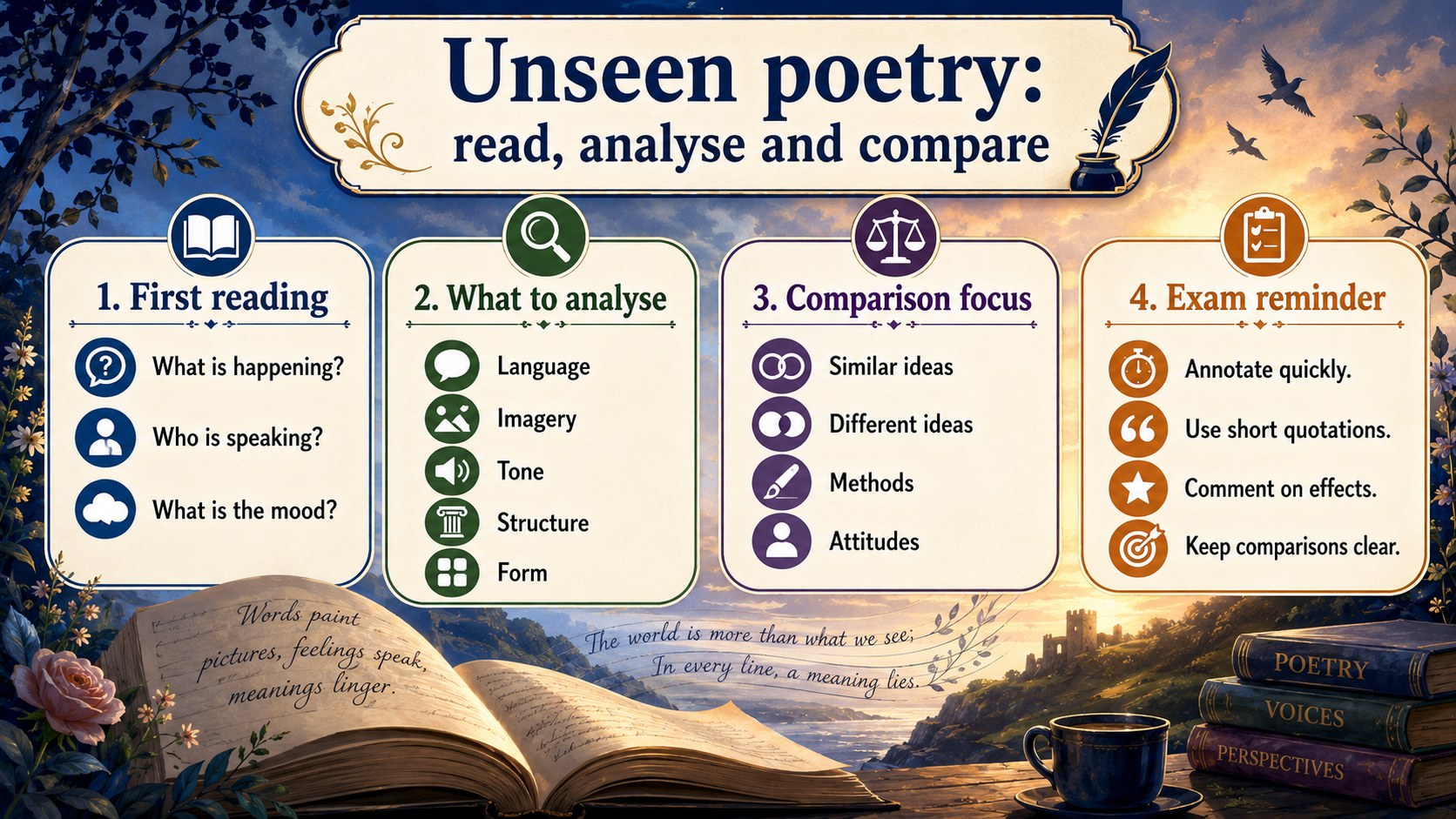 Infographic explaining unseen poetry reading, analysis and comparison, including theme, tone, imagery, structure and evidence.