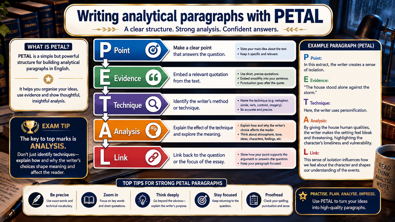Infographic explaining PETAL analytical paragraphs, including point, evidence, technique, analysis and link.