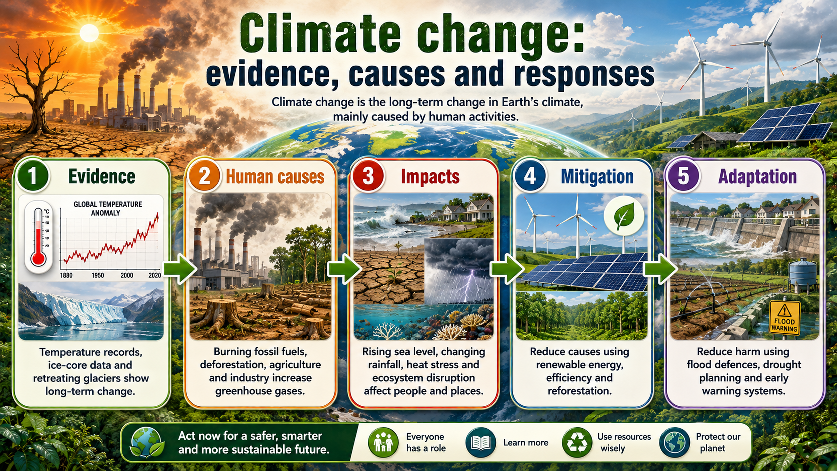 Illustrated climate change infographic linking evidence, human causes, impacts, mitigation and adaptation responses.