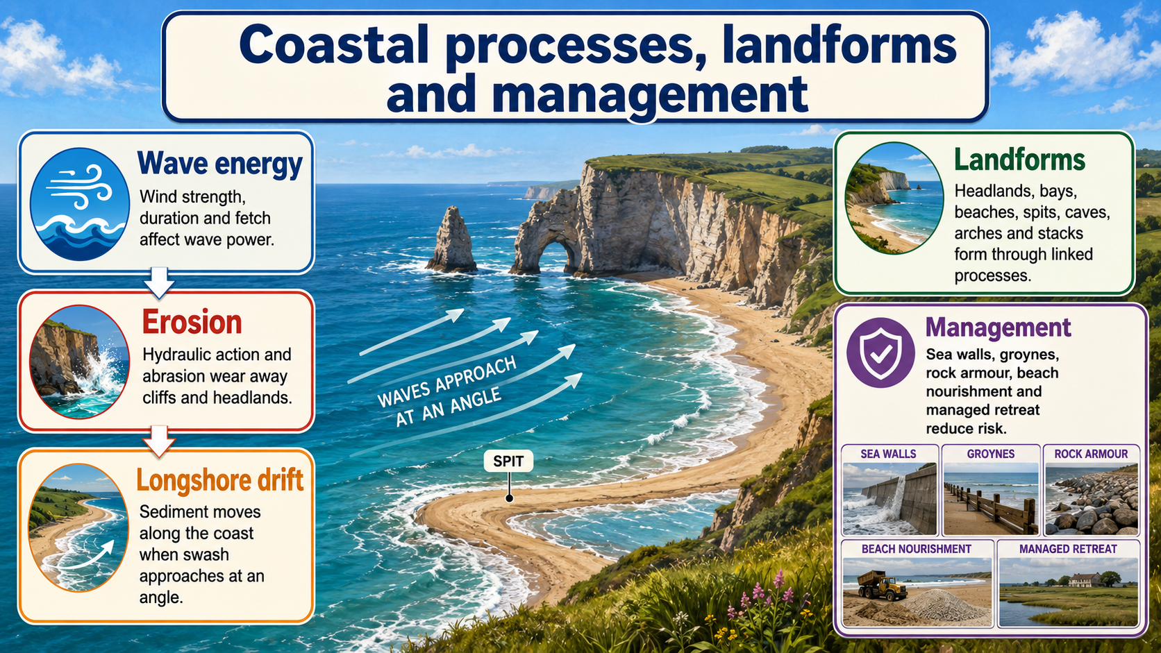 Illustrated coastal processes infographic showing wave energy, erosion, longshore drift, landforms and management options.