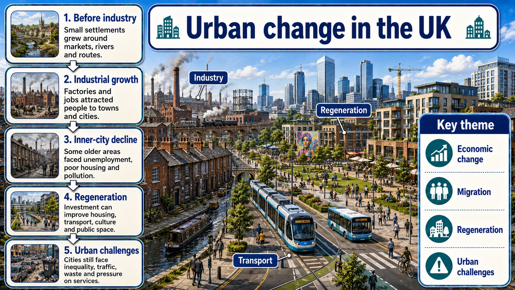 Infographic explaining the changing economic world, including development, global inequality, economic change, trade and strategies to reduce the development gap.