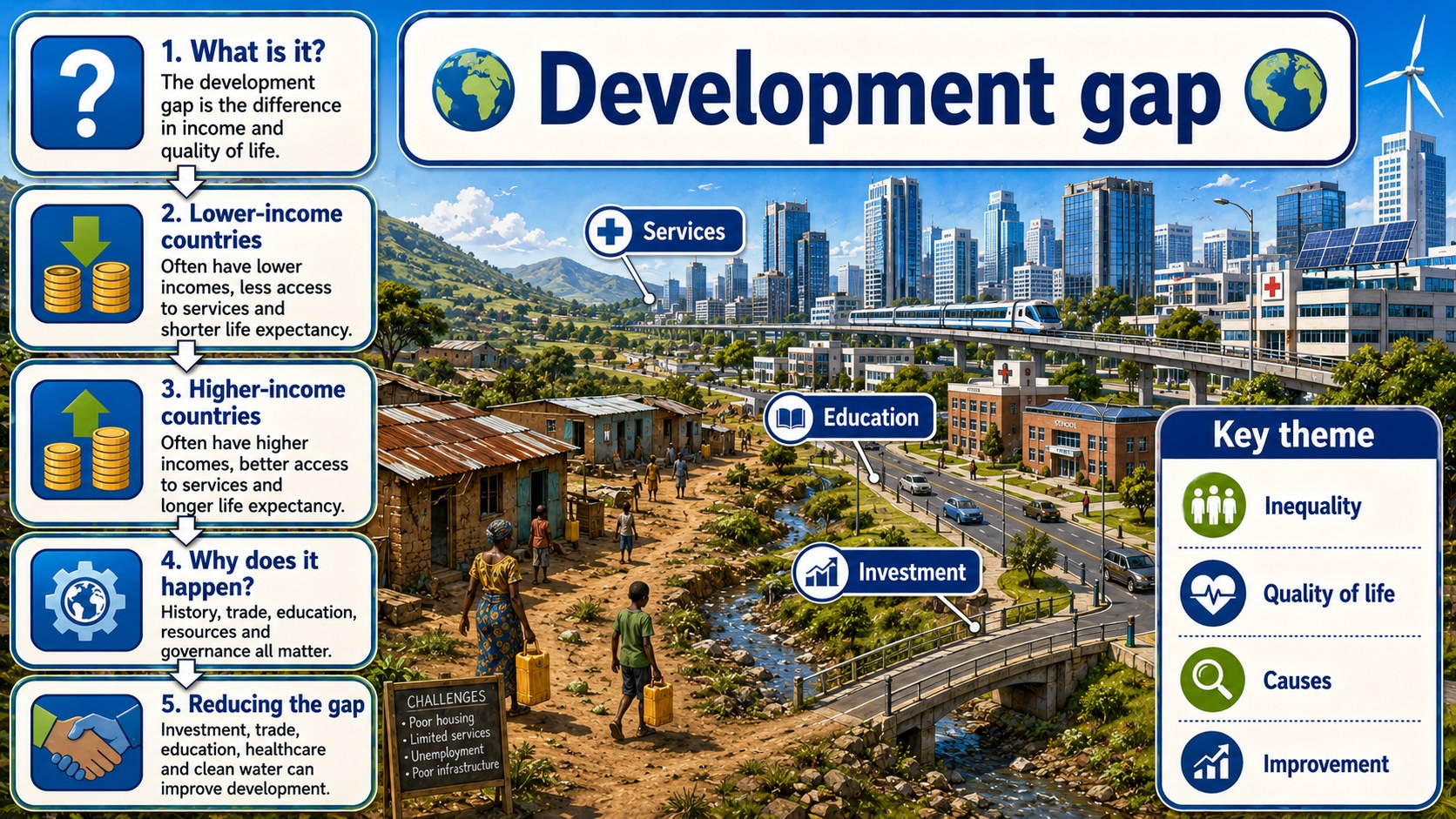 Infographic explaining the development gap, including inequality, development indicators, causes, impacts and strategies to reduce the gap.