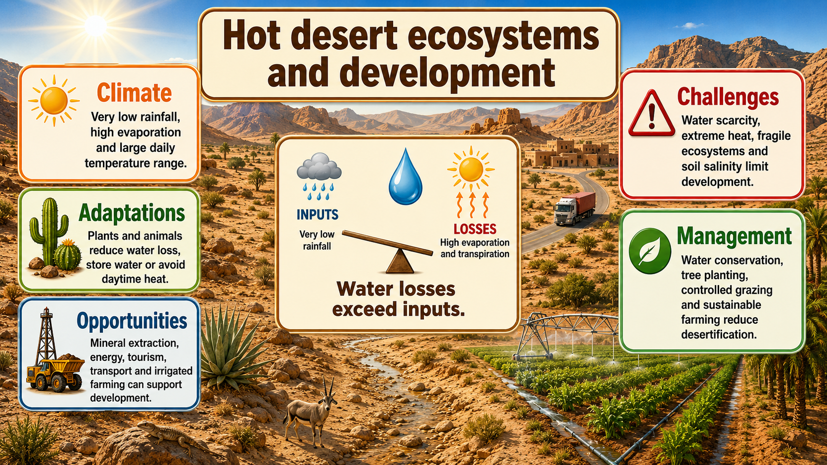 Illustrated hot desert ecosystems infographic showing climate, adaptations, development opportunities, challenges, water balance and management.