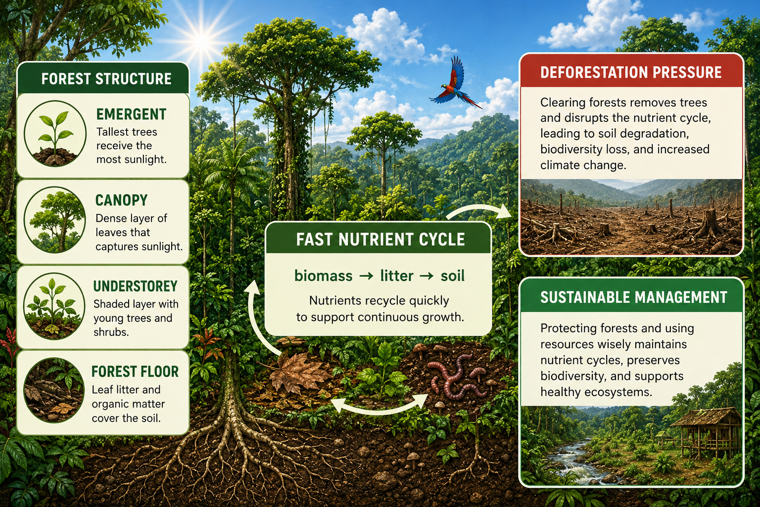 Illustrated tropical rainforest infographic showing forest structure, a fast nutrient cycle, deforestation pressure and sustainable management.