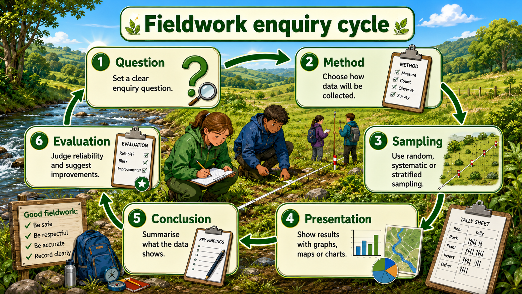 Illustrated fieldwork enquiry infographic showing question, method, sampling, data presentation, conclusion and evaluation around a field site.