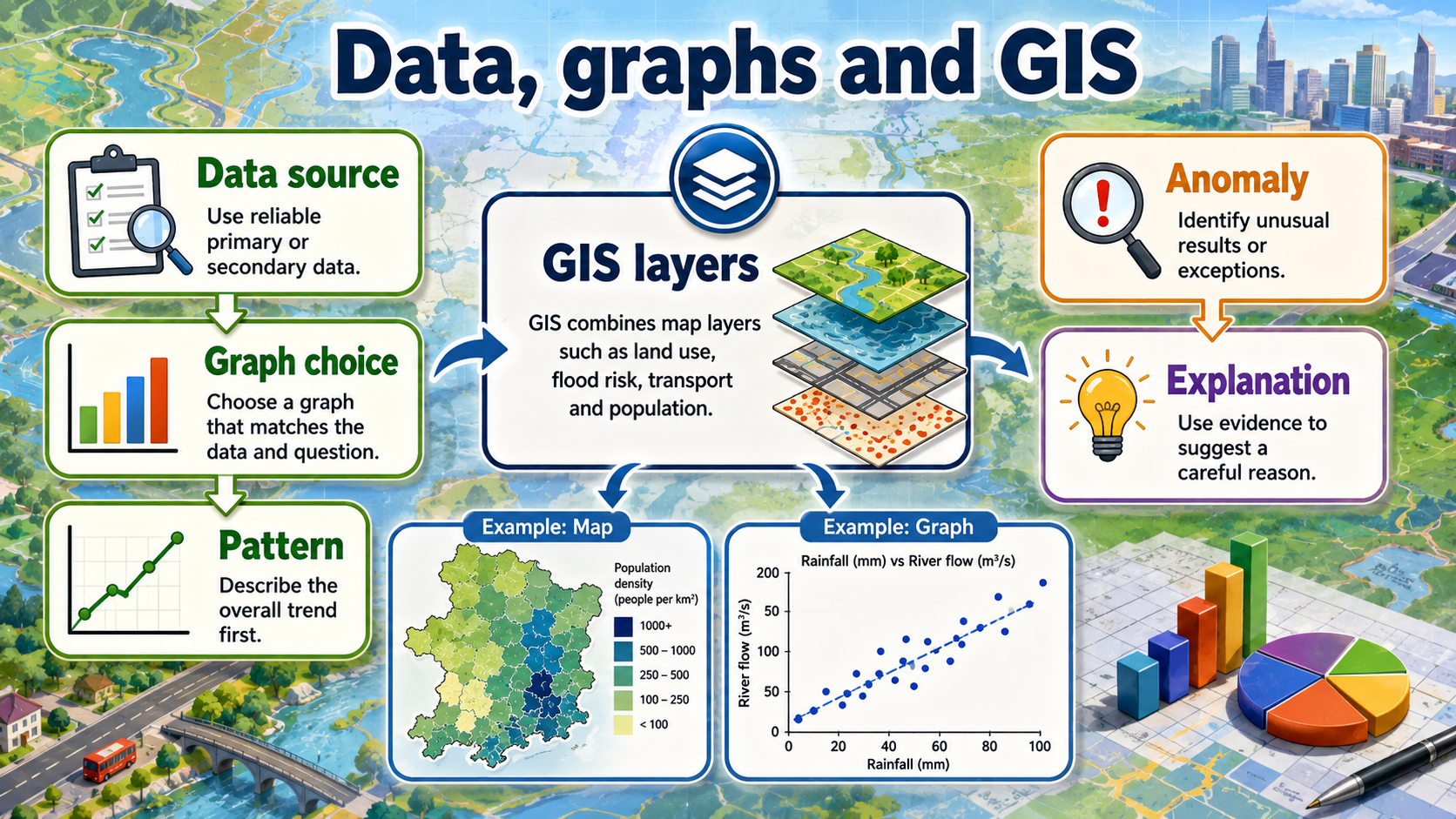 Illustrated data, graphs and GIS infographic showing data sources, graph choice, GIS layers, anomalies and explanation.