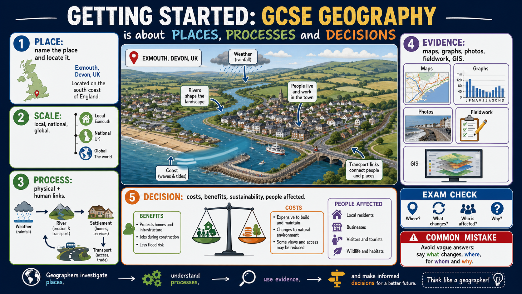 GCSE Geography infographic showing how geographers connect place, scale, processes, evidence and decisions.