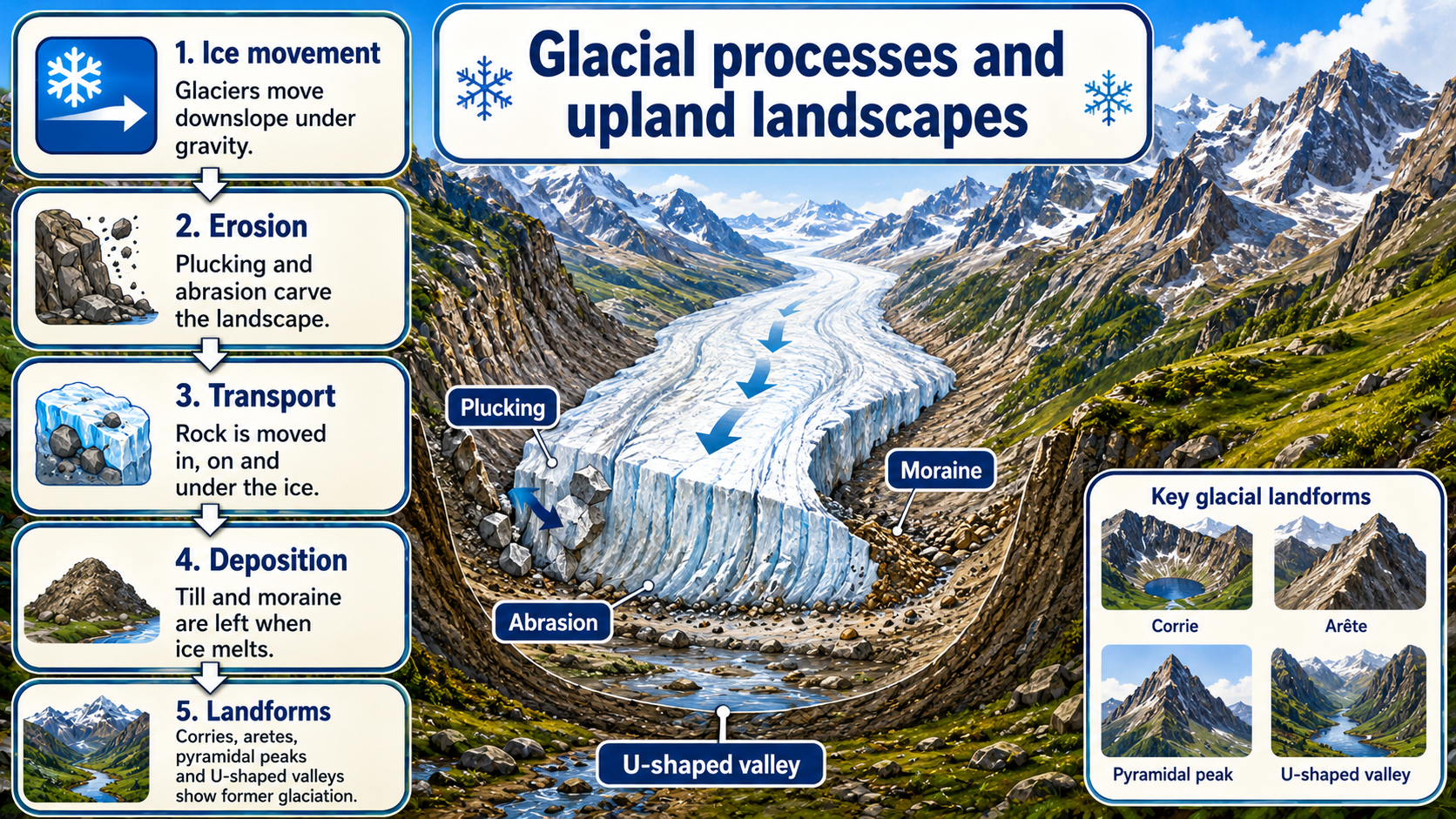 Illustrated glacial processes infographic showing ice movement, erosion, transport, deposition and key upland landforms.