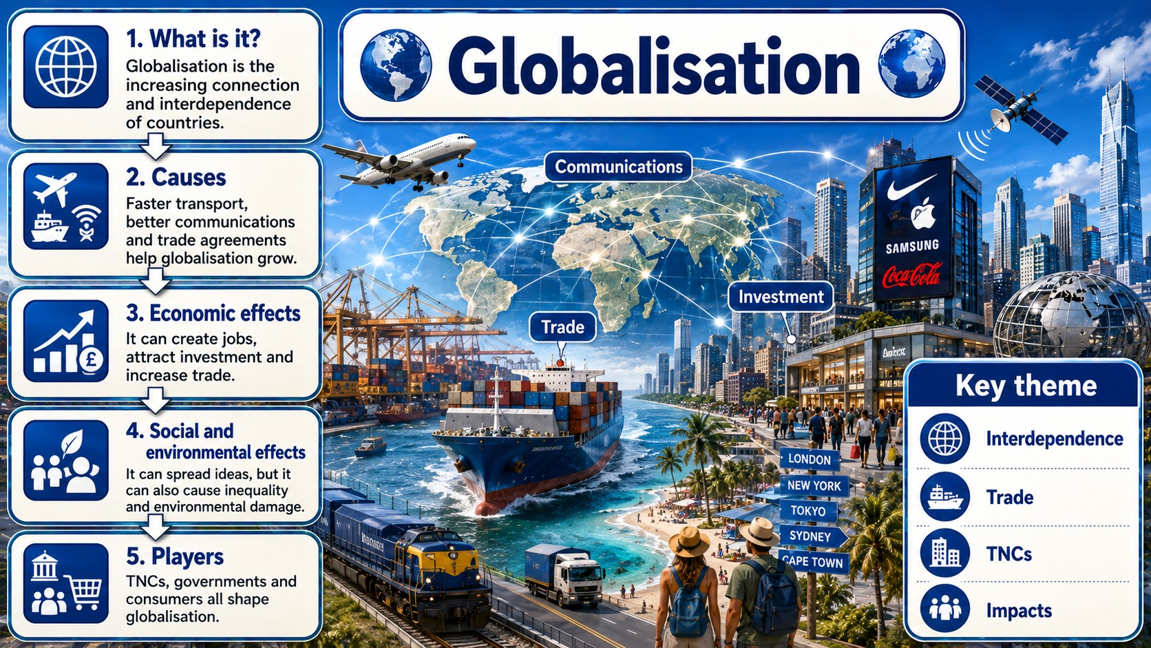 Infographic explaining globalisation, including trade, aid, transnational corporations, flows of people and goods, benefits and challenges.