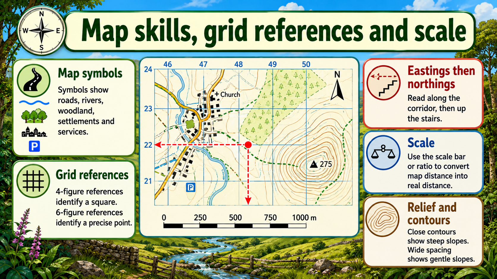 Illustrated map skills infographic showing a map grid, compass direction, contour relief and scale bar.