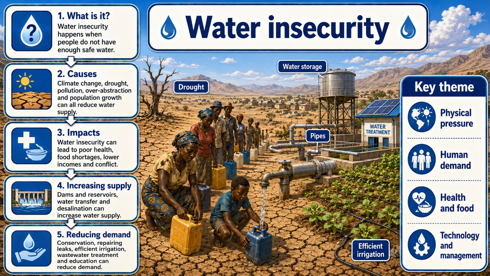 Infographic explaining water insecurity, including supply, demand, scarcity, management strategies and GCSE resource-management links.