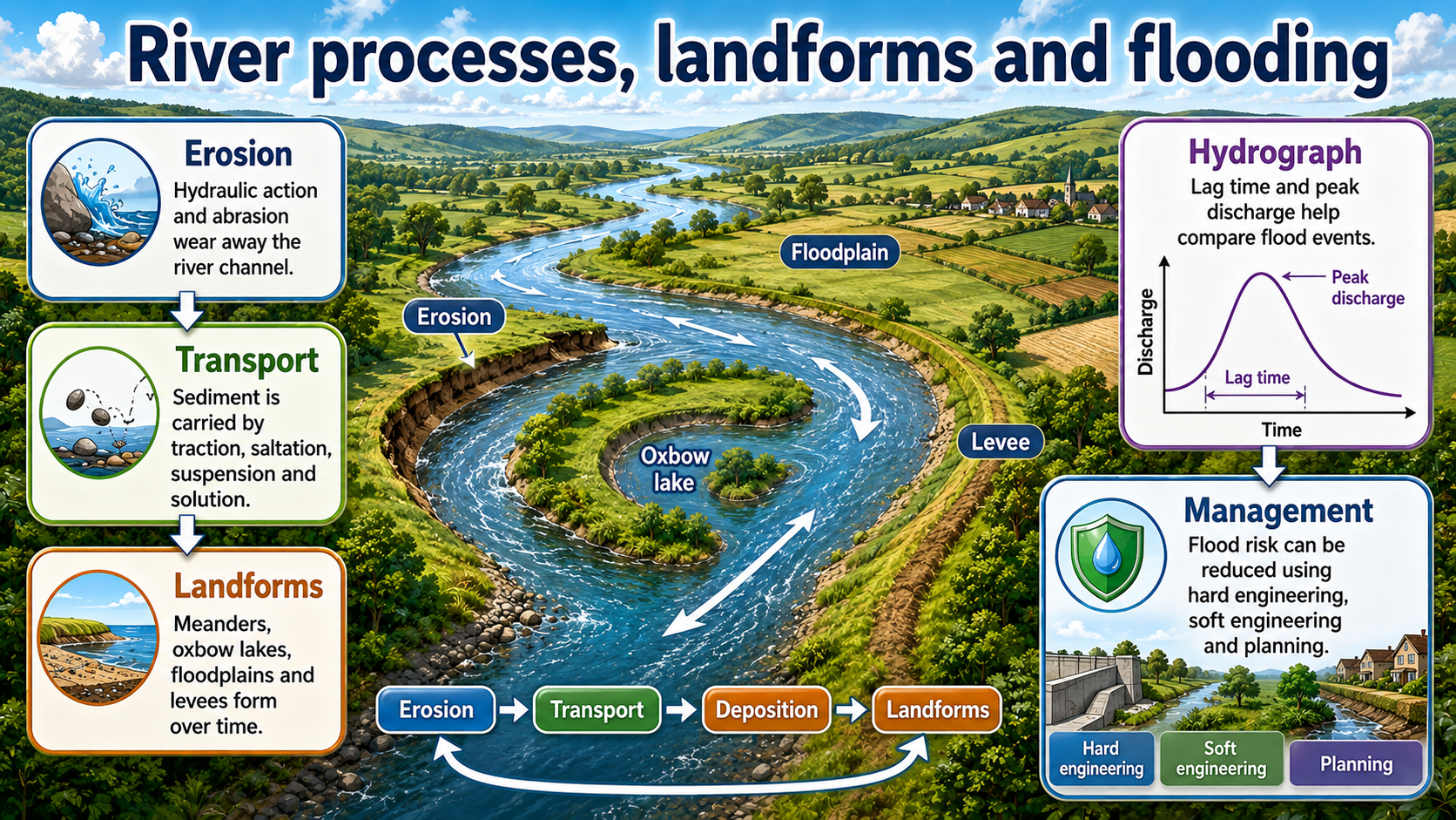 Illustrated river processes infographic showing erosion, transport, landforms, a hydrograph and flood management.
