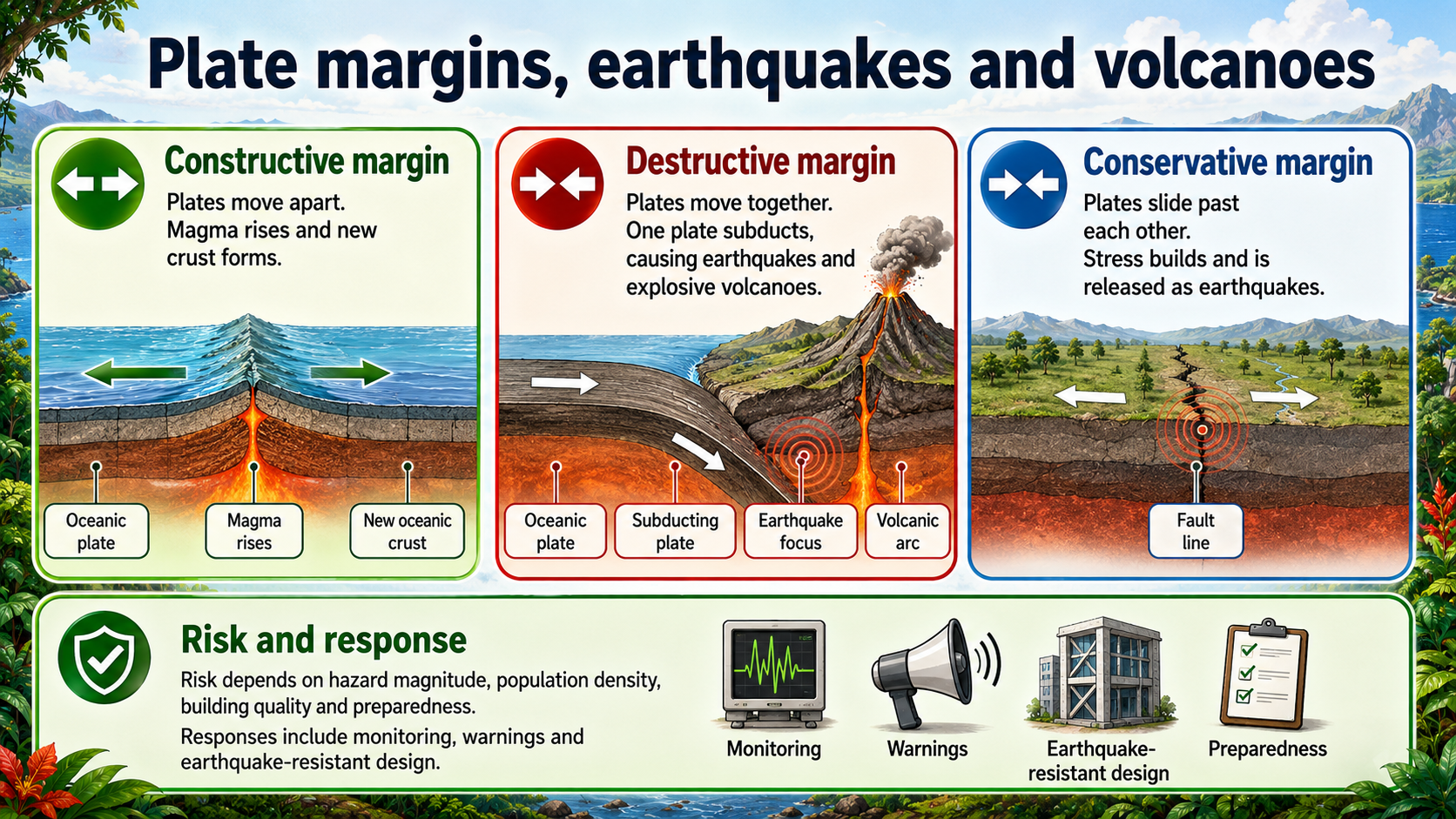 Illustrated plate margins infographic comparing constructive, destructive and conservative margins with earthquakes, volcanoes and risk responses.