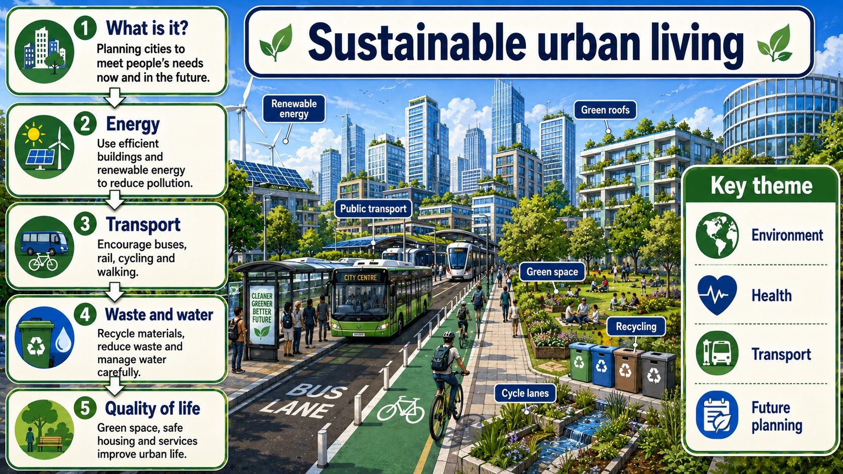 Infographic explaining sustainable urban living, including transport, energy, waste, water, green space and planning decisions in cities.