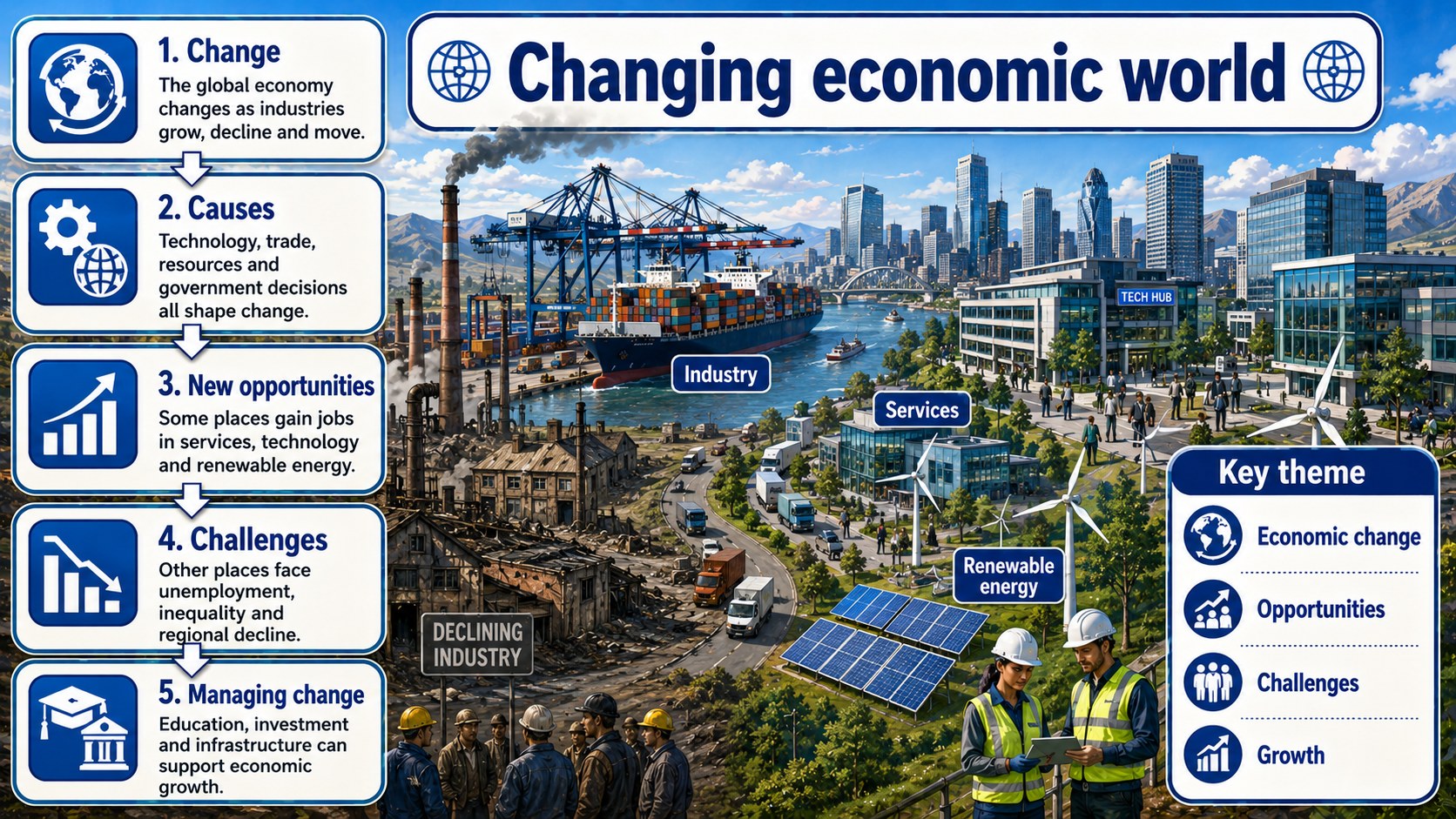 Infographic explaining urban change in the UK, including regeneration, sustainability, opportunities, challenges and planning responses.