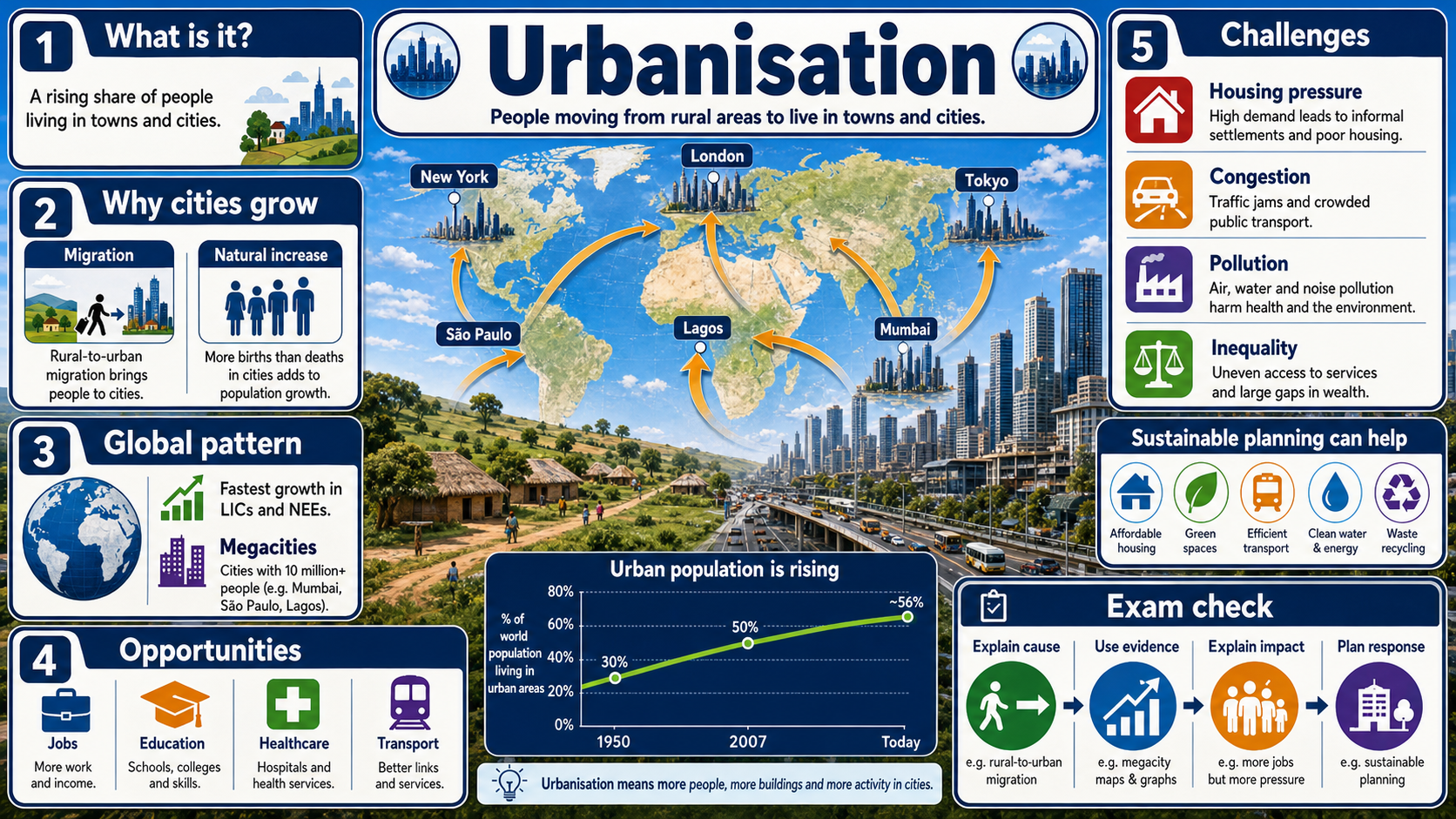 Infographic explaining GCSE Geography urbanisation with rural-to-urban migration, natural increase, megacities, opportunities, challenges and sustainable planning.