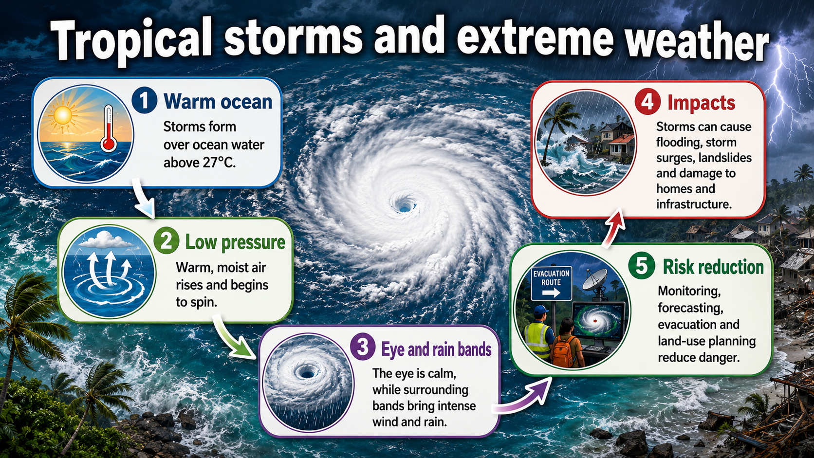 Illustrated tropical storms infographic showing warm ocean formation, low pressure, eye and rain bands, impacts and risk reduction.