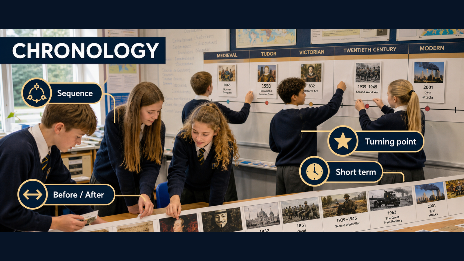 Photorealistic GCSE History classroom visual showing pupils building a timeline and identifying chronology, sequence, short-term change, long-term change and turning points.