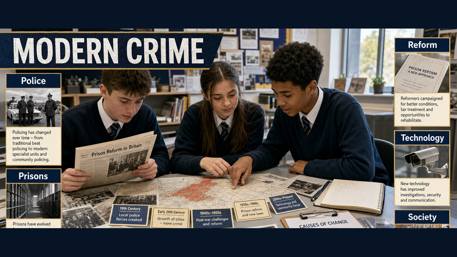 Photorealistic GCSE History classroom visual showing pupils investigating modern crime, policing, prisons, reform, technology and society through source evidence.