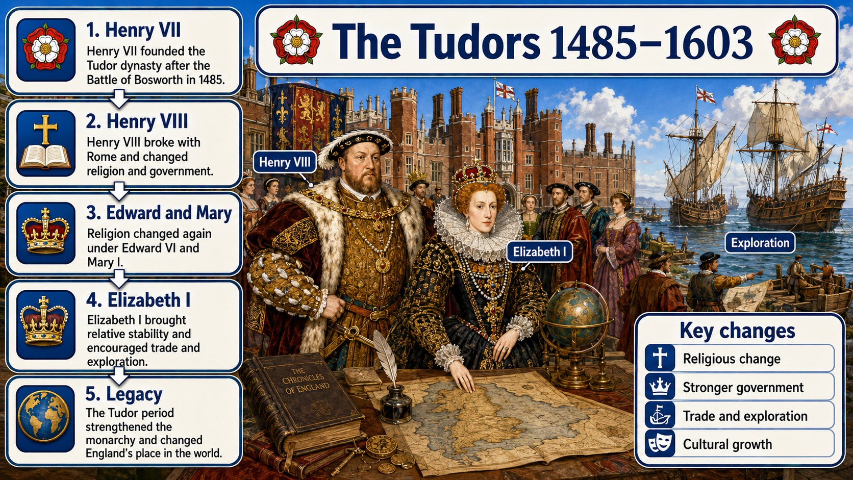 Infographic explaining the Tudor period 1485-1603, including monarchy, religious change, government, society and Elizabethan stability.