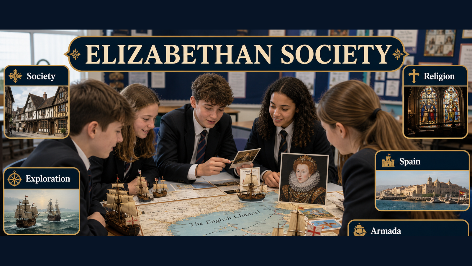 Photorealistic GCSE History classroom visual showing pupils investigating Elizabethan society, exploration, religion, Spain and the Armada using maps, portraits and source cards.