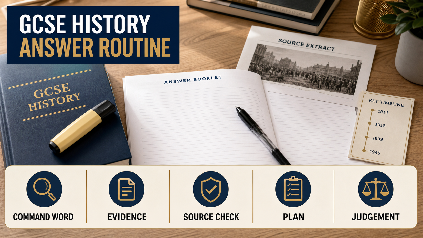 Photorealistic GCSE History exam routine desk visual with an answer booklet, source extract, timeline notes and labels for command word, evidence, source check, plan and judgement.