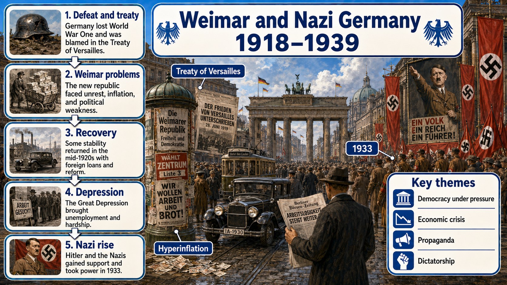 Infographic explaining Weimar and Nazi Germany 1918-1939, including crisis, recovery, Nazi rise, dictatorship and society.