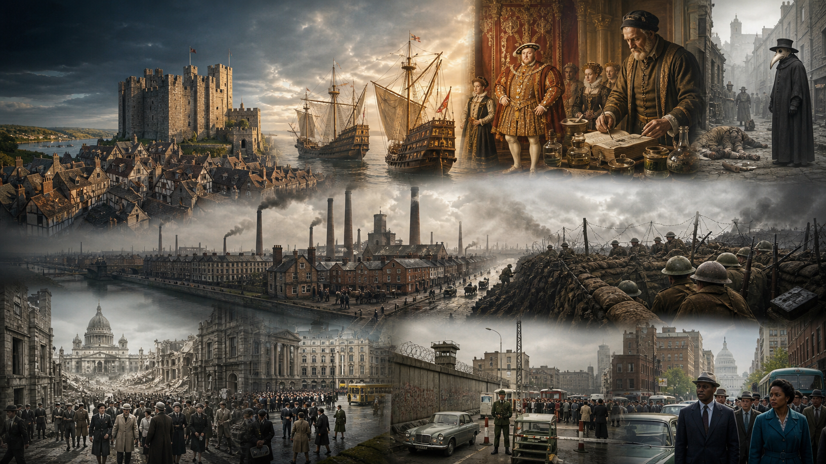 GCSE History course overview infographic showing chronology, evidence, Norman England, medieval medicine, Tudor England, protest, warfare, Germany, the Cold War and the USA.
