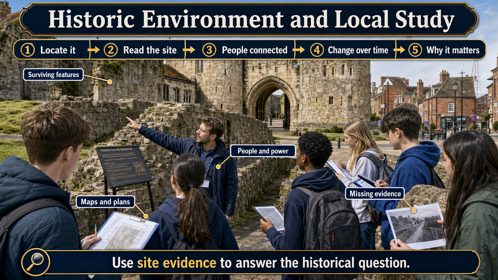 Photorealistic GCSE History visual showing pupils studying a historic gatehouse, with labels for locating the site, reading evidence, people connected, change over time and significance.