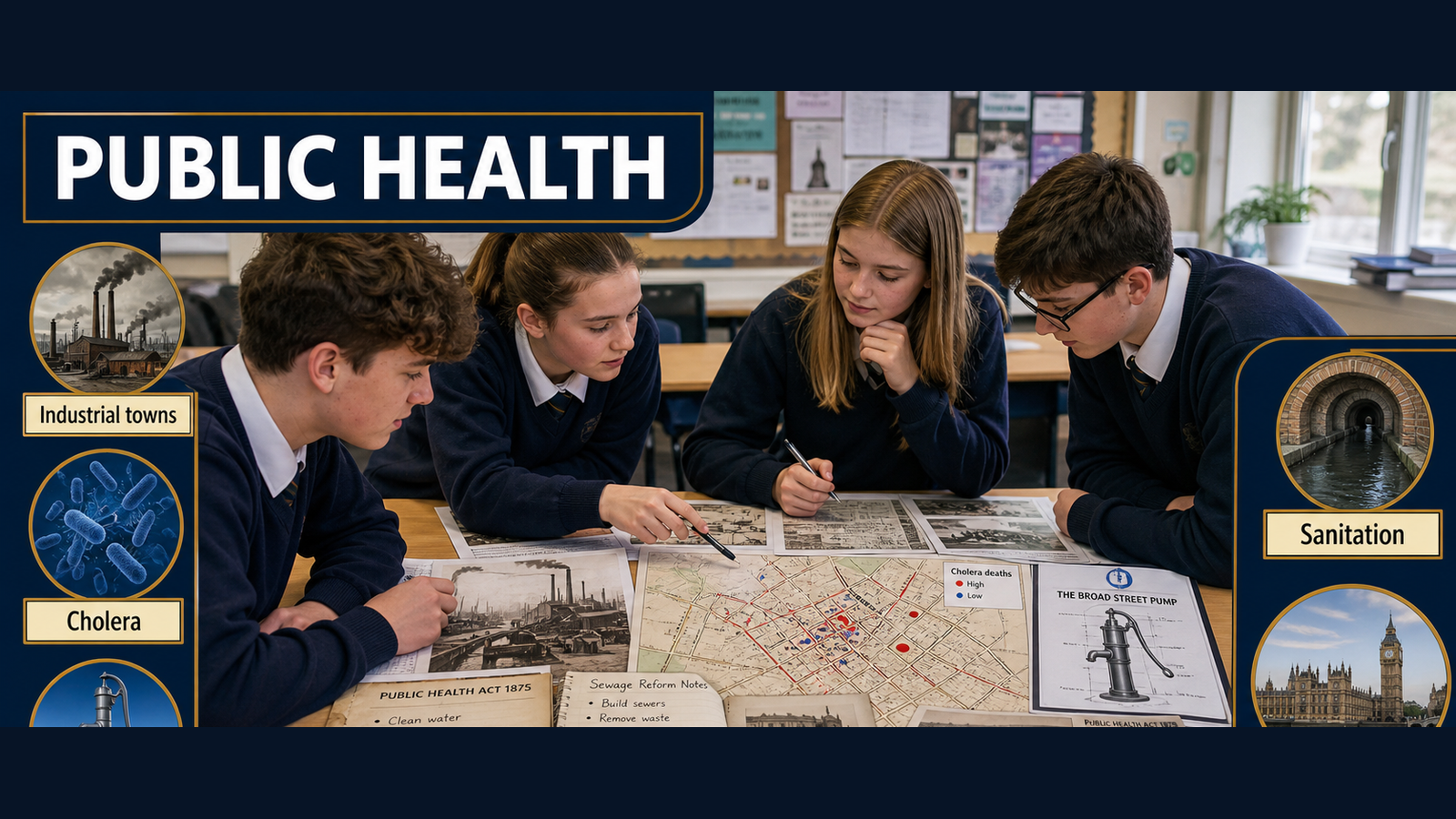 Photorealistic GCSE History classroom visual showing pupils investigating industrial public health, cholera, John Snow, sanitation, government action and disease evidence.