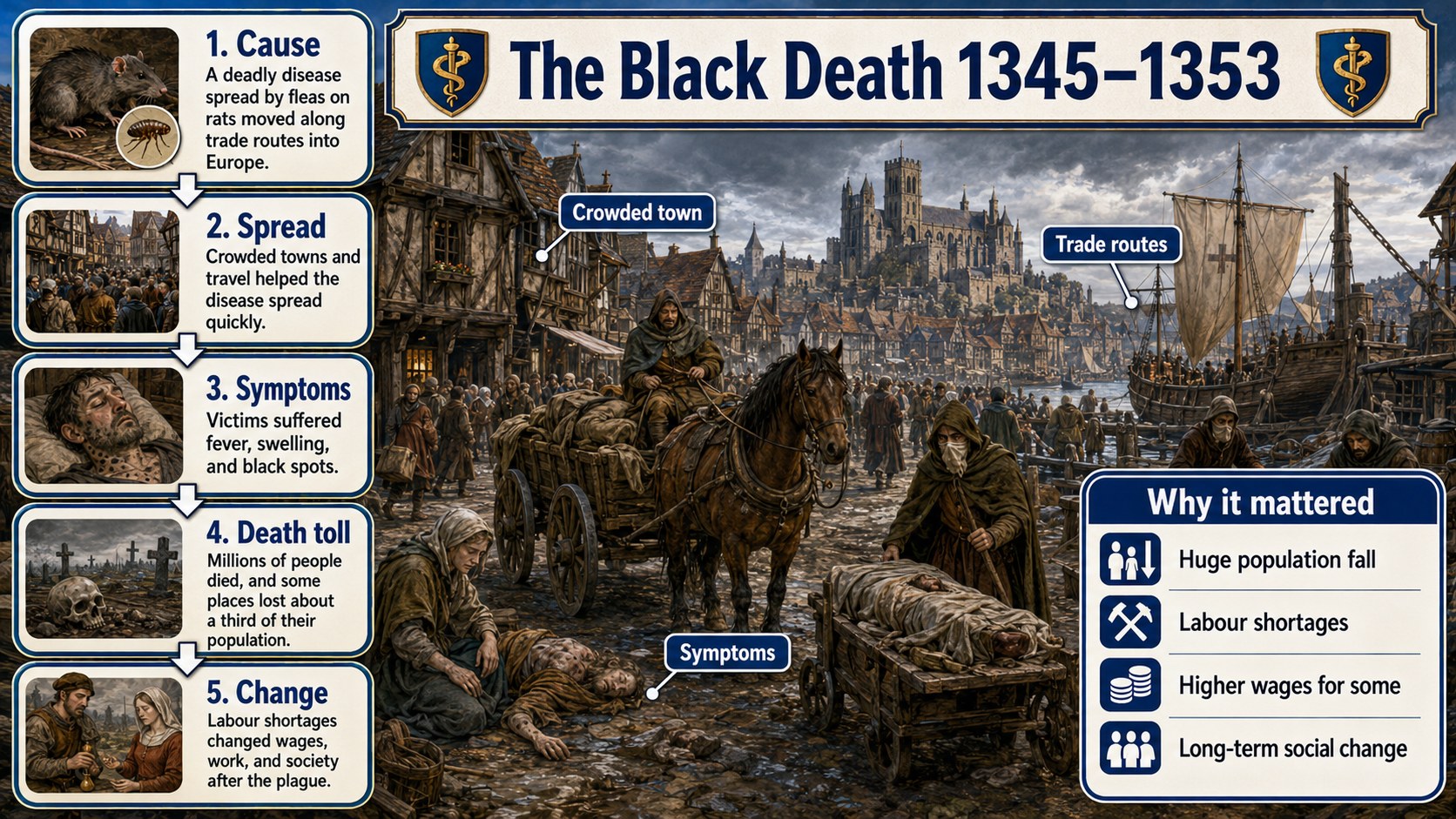 Infographic explaining the Black Death 1345-1353, including causes, symptoms, responses, consequences and medieval medical beliefs.
