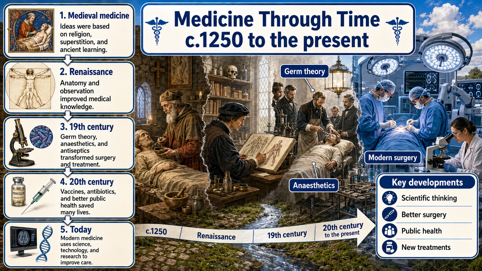 Infographic explaining medicine through time, including changing medical ideas, public health, surgery, technology and access to healthcare.