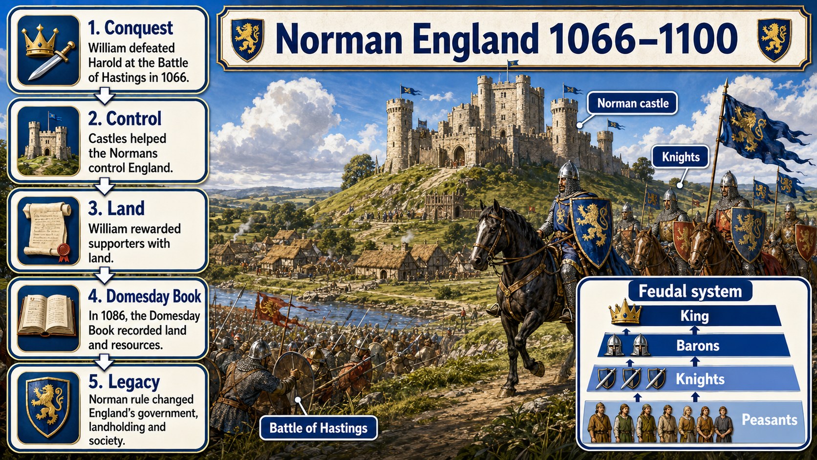 Infographic explaining Norman England 1066-1100, including conquest, castles, control, landholding and royal authority.