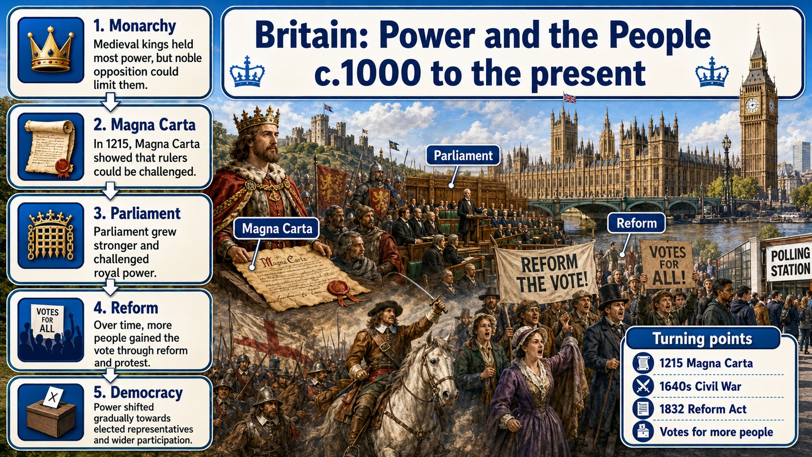 Infographic explaining Britain: power and the people, including protest, reform, democracy, authority and rights over time.