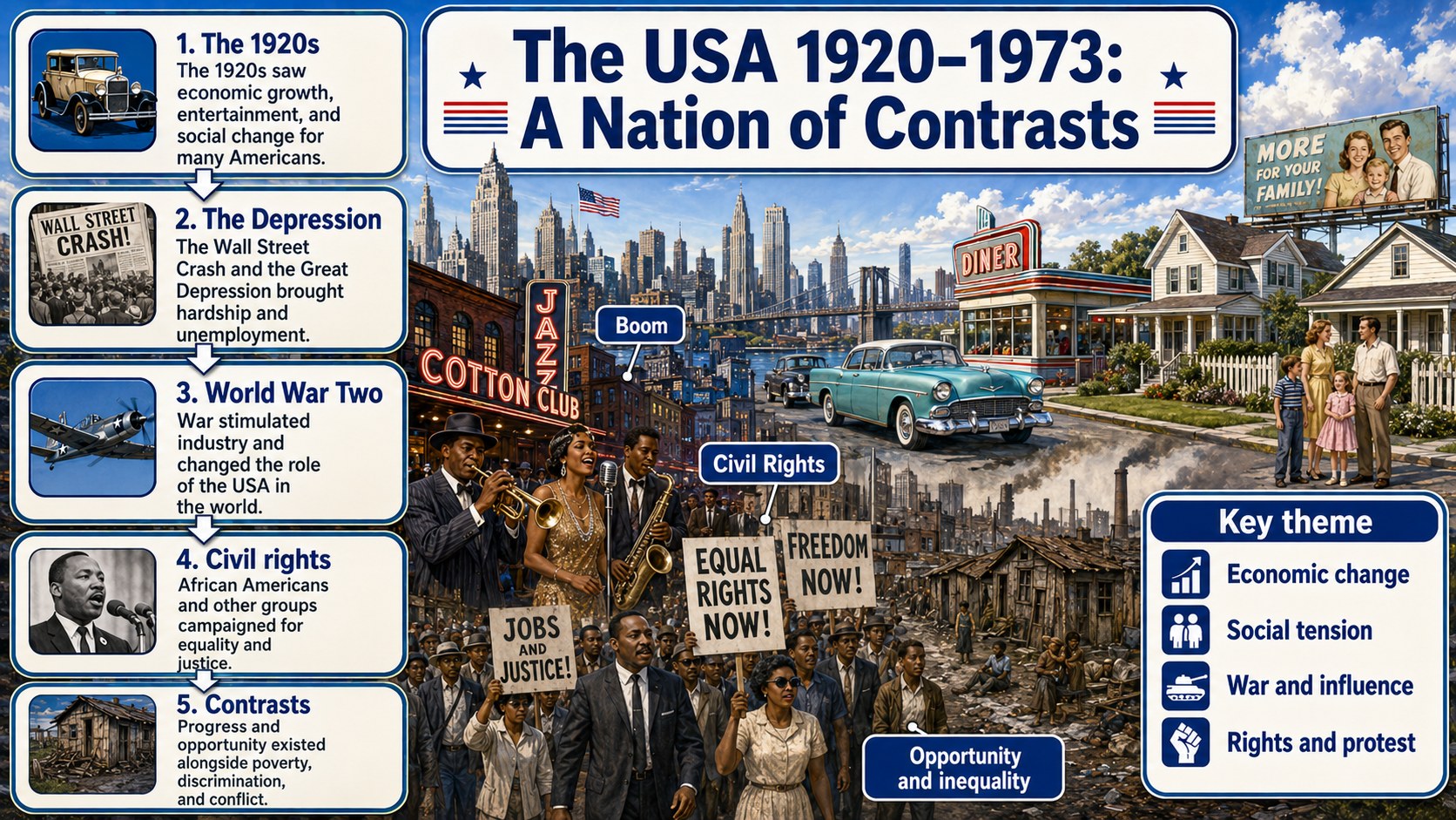 Infographic explaining the USA 1920-1973, including prosperity, inequality, Depression, New Deal and changing American society.