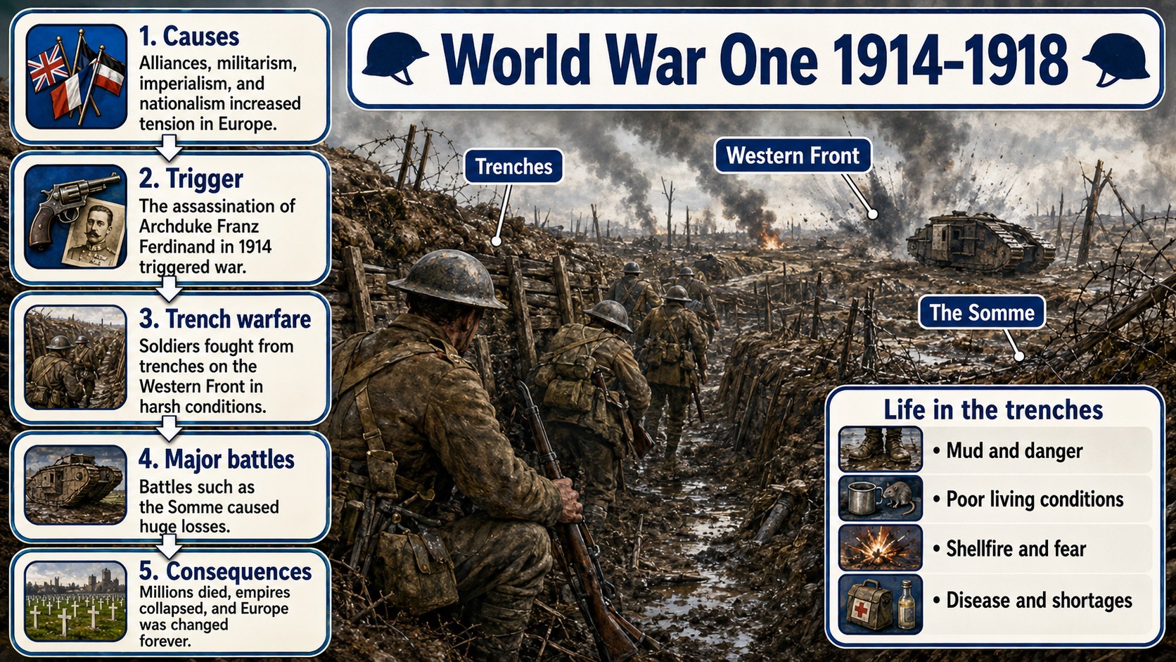 Infographic explaining World War One 1914-1918, including trench warfare, weapons, stalemate, tactics and battlefield change.