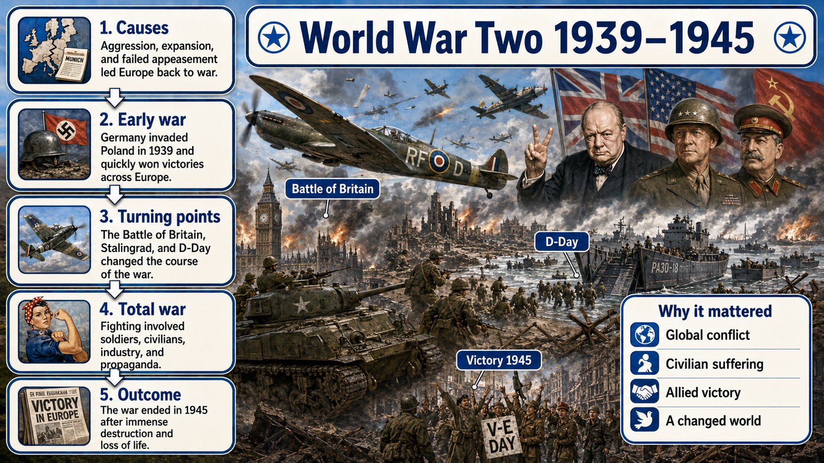 Infographic explaining World War Two 1939-1945, including total war, bombing, technology, civilians, mobilisation and battlefield change.